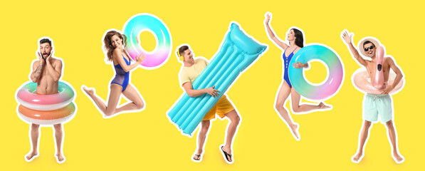 Wall Mural - Set of emotional young people with inflatable rings and mattress on yellow background