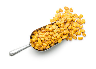 Sticker - Roasted salted corn snack in scoop isolated on white background.