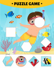  Educational game for kids. Cut out the pieces and glue them in the right place. The study of geometric shapes. Puzzles for preschoolers. Illustration of a cute boy is snorkeling.
