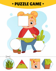 Wall Mural - Educational game for kids. Cut out the pieces and glue them in the right place. The study of geometric shapes. Puzzles for preschoolers. Illustration of a cute little girl watering flowers.