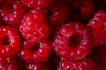 Raspberry macro background. The texture is food. Ripe raspberries in close-up. The concept of summer food, freshness, vitamins. Beautiful berries in a selective focus. Summer dietary healthy dessert.