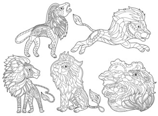 Wall Mural - Contour linear illustration for coloring book with decorative cute lion. Beautiful animal, anti stress picture. Line art design for adult or kids in zen-tangle style, tattoo and coloring page.