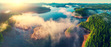 Aerial View Of Morning Fog On The Lake, Sunrise Shot