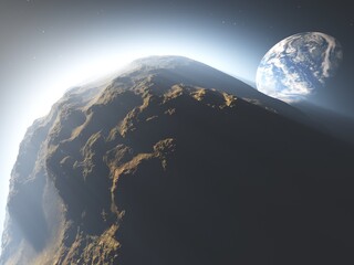 Wall Mural - Planetoid, camet on the background of the Earth, an asteroid to the Earth, 3d rendering