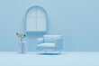 Creative interior design in pastel blue studio with window, flower vase and armchair. Light blue color background. 3D rendering for web page, presentation or picture frame

