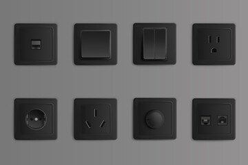 Electric sockets and switches on wall. Vector realistic set of 3d different types toggles and outlet for chinese, european and russian plugs, adapter connectors. Black plastic house supplies