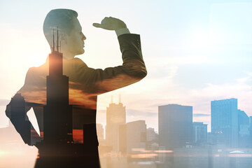 Canvas Print - Abstract silhouette of businessman looking into the distance on bright city background with mock up place. Future, tomorrow, leadership and CEO concept. Double exposure.