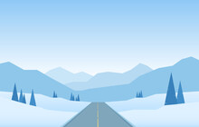 Winter Jpeg Illustration: Winter Snowy Flat Cartoon Mountains Landscape With Road, Hills And Pines. Christmas Background. Jpg Image
