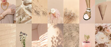 Set Of Trendy Aesthetic Photo Collages. Minimalistic Images Of One Top Color. Beige Moodboard