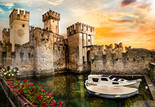 Most Beautiful Medieval Castles Of Italy - Scaligero Castle In Sirmione. Lake Lago Di Garda In North, Lombardy