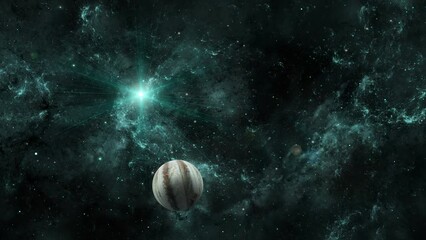 Wall Mural - space background. jupiter planet fly in colorful fractal green nebula. elements furnished by nasa. 3