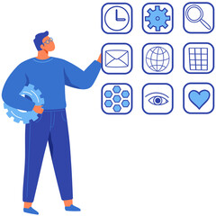 Wall Mural - arrangement of program shortcuts, applications. computer or smartphone home screen icons. man lookin