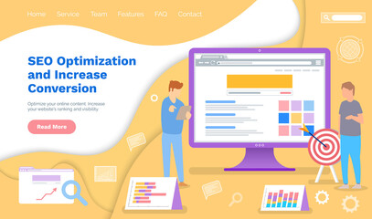 Seo optimization and increase conversion with analytics team working with marketing project landing page template. Analyze website analytics, planning SEO strategy and code optimization concept