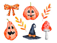Halloween Clip Art Set Isolated On White. Autumn, Fall Holiday Clipart Collection. Watercolor Helloween Pumpkin, Toadstool, Bow, Hat, Leaf Illustrations.