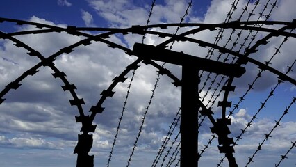 Wall Mural - Сontour of barbed wire on background beautiful clouds and sky