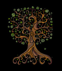 Aufkleber - Old big family tree with roots on black background. Concept Art for your design. Design interior ideas.