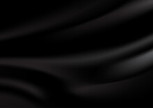 Black Satin Silky Cloth Fabric Textile With Crease Wavy Folds Background. .