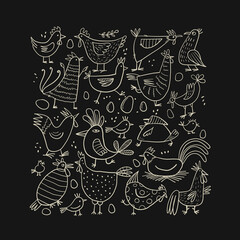 Poster - Funny farm birds family. Chicken and Rooster characters. Art collection for your design