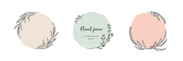 Hand drawn floral frames with a branch with leaves. Elegant leaf logo template. Vector illustration for labels, branding business identity, wedding invitation