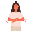 Flat vector illustration of an unhappy suffering woman scratching the skin on her hand.