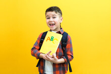 Child Boy, On A Yellow Wall Background. Great Idea. Happy Smiling Schoolboy Goes Back To School. Success, Motivation, Winner, Genius Concept.