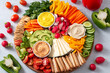 Colorful vegan Charcuterie board with raw vegetables and whole wheat snacks