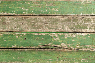 Old green peeling paint and weathered distressed wood oak timber boards background, stock photo image