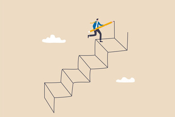 Ambition to progress and achieve goal, growing business or improvement, motivation to develop path or stair to success concept, smart businessman using pencil to draw big stair to climb up to success.