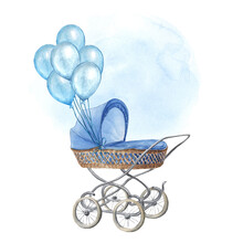 Watercolor Baby Stroller With Balloons