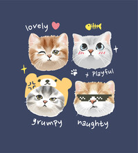 Typography Slogan With Cute Cats Faces And Colorful Icons Vector Illustration