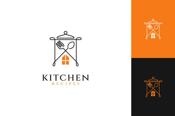 home kitchen logo with the concept of a house shape, pan, spoon and fork. simple line design style, 