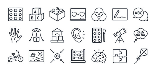 Preschool abilities and child development related editable stroke outline icons set isolated on white background flat vector illustration. Pixel perfect. 64 x 64.