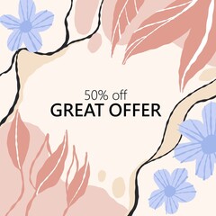 Great offer banner. Square spring summer poster. Blue flowers on beige background, discount sale card, natural abstract promo marketing social media posts template, vector minimal design