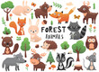 Forest animals with cute bear, fox, bunny, deer and other. Cute cartoon set.