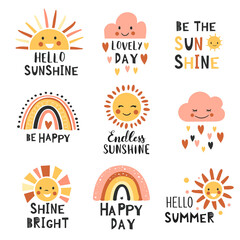Summer collection with typographic design elements. Sun, rainbow, and clouds. Hand drawn vector illustration.