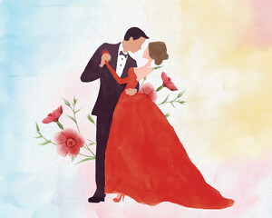 Wall Mural - watercolor wedding illustration, romantic couple, bride and groom, husband and wife, man and woman, just married