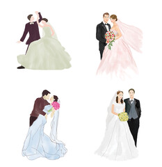 Wall Mural - Set of watercolor wedding illustration, romantic couple, bride and groom, husband and wife, man and woman, just married