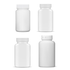 Wall Mural - Pill bottle white blank. Plastic vitamin container, vector mockup. Isolated supplement jar design, capsule or tablet box with lid for your label. Prescription medicament packaging, antibiotic drug