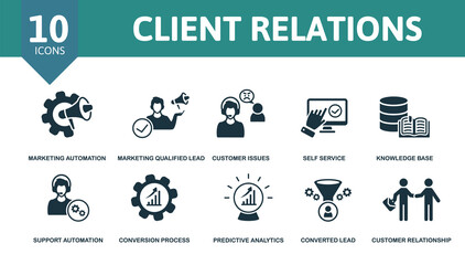 Client Relations set icon. Editable icons client relations theme such as marketing automation, customer issues, knowledge base and more.