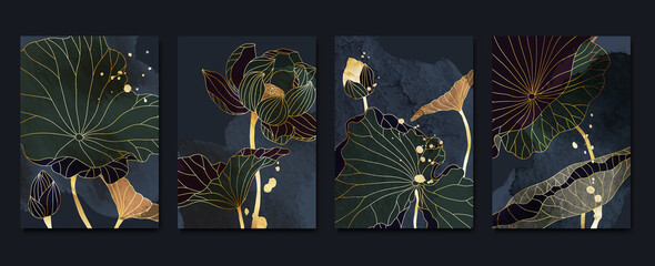 Wall Mural - Set of abstract golden wall art template. Elegant line art, lotus flowers, leaves, foliage on dark background. Collection of luxury wall decoration perfect for decorative, interior, prints, banner.