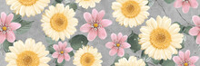 Pink And Yellow Flowers With Cement Texture, Floral Wallpaper Design