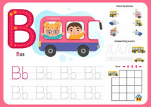 Handwriting Practice Sheet. Basic Writing. Educational Game For Children. Worksheet For Learning Alphabet. Letter B.