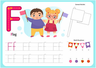 Wall Mural - Handwriting practice sheet. Basic writing. Educational game for children. Worksheet for learning alphabet. Letter F. Illustration of cute boy and girl holding colorful flags.
