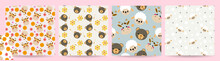 Set Of Cute Animal Seamless Pattern Vector. Adorable Flowers, Giraffes, Honey, Bears, And Sheep On Background. Cute Animal Repeated In Fabric Pattern For Prints, Wallpaper, Cover, Papers, Packaging