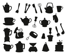 Tea Set Tea Accessories In The Kitchen Silhouettes Premium Vector Template