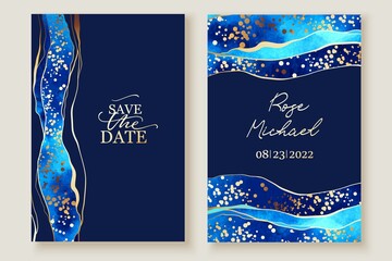 Wall Mural - Set of vertical backgrounds, cards. Blue, turquoise watercolor fluid painting vector design. Waves with golden lines, splatters. Chic elegant design.