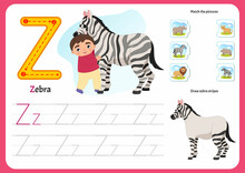 Handwriting Practice Sheet. Basic Writing. Educational Game For Children. Worksheet For Learning Alphabet. Letter Z. Illustration Of A Cute Boy Hugging Zebra.
