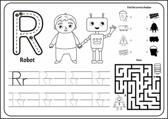 Poster - Handwriting practice outline sheet. Basic writing. Educational game for children. Worksheet for learning alphabet. Letter R. Illustration of cute boy is holding the robot's hand.
