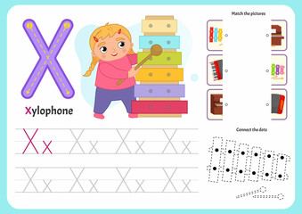 Poster - Handwriting practice sheet. Basic writing. Educational game for children. Worksheet for learning alphabet. Letter X. Illustration of a cute little girl plays the big xylophone.
