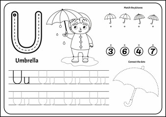 Poster - Handwriting practice outline sheet. Basic writing. Educational game for children. Worksheet for learning alphabet. Letter T. Illustration of a cute boy stands under an umbrella in rubber boots.
